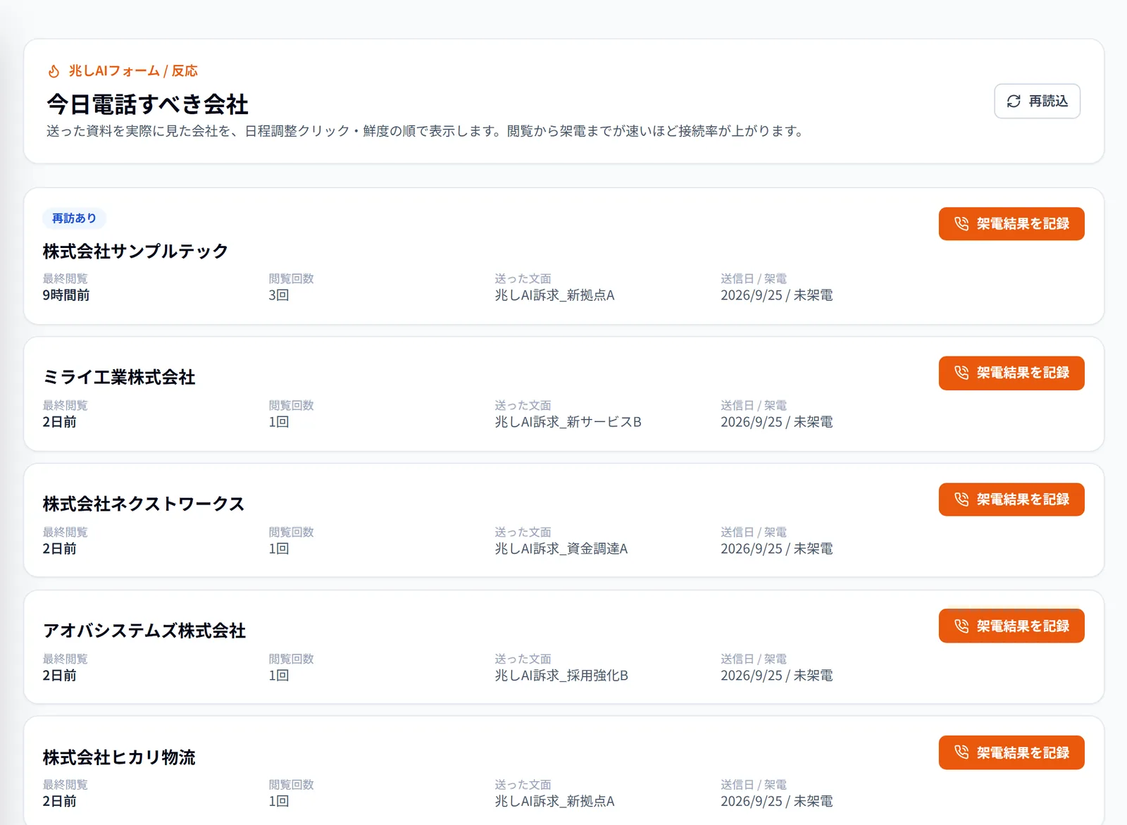 資料を閲覧した企業を鮮度順に表示する画面